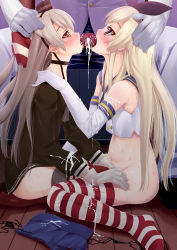 Rule 34 | 10s, 1boy, 2girls, absurdres, admiral (kancolle), amatsukaze (kancolle), bad id, bad pixiv id, black panties, blonde hair, blush, cooperative fellatio, cum, cum in mouth, cum on clothes, elbow gloves, fellatio, garter straps, gloves, hair ornament, hairband, hand on another&#039;s head, heart, heart-shaped pupils, highres, kadokawa shoten, kantai collection, long hair, mound of venus, multiple girls, no shoes, oral, panties, penis, petite, puroheshi, school uniform, shimakaze (kancolle), silver hair, skirt, striped clothes, striped legwear, striped thighhighs, symbol-shaped pupils, teamwork, thighhighs, twintails, two side up, uncensored, underwear, unworn skirt, white gloves