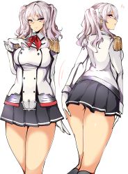 Rule 34 | 1girl, absurdres, agetama, anchor symbol, black hat, black skirt, black socks, blush, breasts, buttons, epaulettes, frilled sleeves, frills, from behind, gloves, hand on own chest, hat, highres, jacket, kantai collection, kashima (kancolle), kneehighs, large breasts, long hair, long sleeves, looking at viewer, looking back, military, military jacket, military uniform, miniskirt, neckerchief, open mouth, pleated skirt, purple eyes, red neckerchief, sidelocks, silver hair, simple background, skirt, smile, socks, solo, tsurime, twintails, uniform, wavy hair, white background, white gloves, white jacket