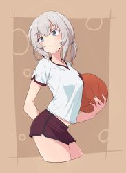 Rule 34 | 1girl, aaru (kerogero1582), alternate hairstyle, arm behind back, ball, basketball, basketball (object), black shorts, blue eyes, brown background, cbgb, closed mouth, commentary, commentary request, contrapposto, cropped legs, derivative work, dolphin shorts, emblem, from side, girls und panzer, gym shirt, gym shorts, gym uniform, hair tie, hair up, head tilt, highres, holding, holding ball, itsumi erika, light frown, looking at viewer, medium hair, navel, outline, outside border, print shirt, shirt, short ponytail, short shorts, short sleeves, shorts, silver hair, single vertical stripe, solo, standing, sweat, v-neck, white outline, white shirt