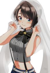 Rule 34 | 1girl, black bow, black bowtie, blouse, blue eyes, blue shorts, blurry, blush, bow, bowtie, breasts, bridal veil, brown hair, buttons, closed mouth, commentary, cowboy shot, cropped shirt, depth of field, grey shirt, highres, hololive, looking at viewer, medium breasts, midriff, navel, oozora subaru, oozora subaru (work), ribbed shirt, sahara, shirt, short hair, shorts, signature, simple background, sleeveless, sleeveless shirt, smile, solo, striped clothes, striped shirt, suspender shorts, suspenders, swept bangs, veil, vertical-striped clothes, vertical-striped shirt, virtual youtuber, white background