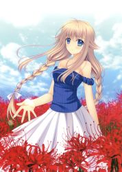 Rule 34 | 1girl, absurdres, bare shoulders, blue eyes, blush, bow, braid, breasts, cloud, cloudy sky, collarbone, day, dress, eyebrows, field, flower, flower field, hair bow, hair flaps, highres, light brown hair, long hair, looking at viewer, nishimata aoi, non-web source, original, outdoors, pleated skirt, red flower, skirt, sky, smile, solo, standing, sundress, twin braids, white bow, white skirt