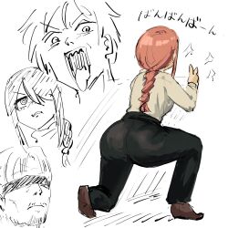 Rule 34 | 2boys, 2girls, ass, ass focus, chainsaw man, denji (chainsaw man), makima (chainsaw man), multiple boys, multiple girls, sparkle, tenten (chan4545), tongue, tongue out, white background