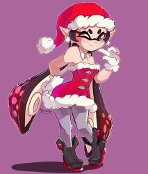 Rule 34 | 1girl, absurdres, artist name, bare shoulders, black footwear, black hair, breasts, callie (splatoon), cleavage, collar, commentary, detached collar, dress, earrings, english commentary, eyelashes, freckles, full body, gloves, gradient hair, grey pantyhose, hand on own hip, hat, highres, hoop earrings, inkling, jewelry, long hair, medium breasts, mole, mole under eye, multicolored hair, nin10ja, nintendo, one eye closed, pantyhose, pointy ears, purple background, red hair, santa hat, shadow, shoes, simple background, splatoon (series), splatoon 1, strapless, strapless dress, tentacle hair, two-tone hair, white collar, white gloves, yellow eyes