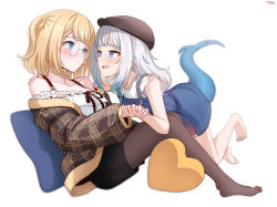 Rule 34 | 2girls, bespectacled, blonde hair, blue eyes, blue hair, blush, cushion, fins, fish tail, gawr gura, gawr gura (casual), glasses, hair ornament, highres, hololive, hololive english, multicolored hair, multiple girls, off shoulder, open mouth, pantyhose, shark tail, simple background, skirt, smile, streaked hair, tail, tfqr, virtual youtuber, watson amelia, watson amelia (street casual), white background