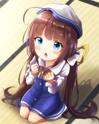 Rule 34 | 10s, 1girl, ahoge, beret, blue dress, blue eyes, blush, brown hair, chestnut mouth, clenched hands, dress, from above, hair ornament, hair ribbon, hat, highres, hinatsuru ai, indoors, kneeling, long hair, long sleeves, looking away, looking up, neckerchief, pleated sleeves, renka (cloudsaikou), ribbon, ryuuou no oshigoto!, sidelocks, tatami, twintails