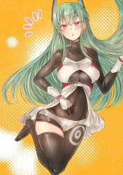 Rule 34 | absurdres, asymmetrical clothes, breasts, green hair, highres, large breasts, miko (0721miko), red eyes, single thighhigh, solo, thighhighs