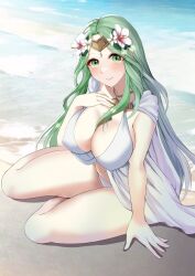 Rule 34 | 1girl, beach, bikini, breasts, cleavage, closed mouth, covered erect nipples, fire emblem, fire emblem: three houses, fire emblem heroes, flower, green eyes, green hair, hair flower, hair ornament, hand on ground, hand on own chest, highres, jewelry, large breasts, long hair, looking at viewer, matching hair/eyes, navel, necklace, nintendo, ocean, official alternate costume, on ground, outdoors, rhea (fire emblem), rhea (summer) (fire emblem), shore, sidelocks, sitting, smile, solo, swimsuit, tara (szzj7733), thighs, tiara, very long hair, water, white bikini