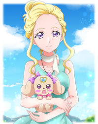 Rule 34 | 1girl, blonde hair, blue dress, blush, border, bow, breasts, closed mouth, collarbone, day, dog, dress, fuurin asumi, hanzou, healin&#039; good precure, highres, latte (precure), looking at viewer, medium breasts, outdoors, outside border, precure, purple bow, purple eyes, short hair with long locks, sidelocks, sleeveless, sleeveless dress, smile, solo, sundress, white border