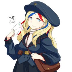 Rule 34 | 10s, 1girl, 2017, bag, beret, blonde hair, blue eyes, blue hair, blue hat, commandant teste (kancolle), cowboy shot, dated, envelope, hat, kantai collection, long hair, looking at viewer, multicolored hair, pom pom (clothes), postcard, red hair, signature, smile, solo, streaked hair, tun, white hair