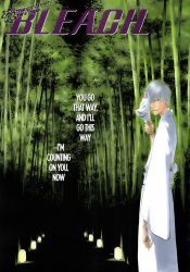 Rule 34 | 1boy, bamboo, bleach, closed eyes, forest, fox mask, grey hair, highres, ichimaru gin, jar, lantern, male focus, mask, nature, robe, skinny, smile, solo, standing, text focus, translated
