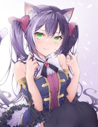 Rule 34 | 1girl, alternate hairstyle, animal ear fluff, animal ears, bare shoulders, black hair, black thighhighs, blue sleeves, blush, bow, breasts, cat ears, cat girl, cat tail, closed mouth, collared shirt, commentary request, cpqm, detached sleeves, fang, fang out, frilled skirt, frills, grey hair, hair between eyes, hair bow, hands in hair, hands up, highres, karyl (princess connect!), knees up, long hair, multicolored hair, princess connect!, purple skirt, red bow, shirt, skirt, sleeveless, sleeveless shirt, small breasts, solo, streaked hair, tail, tail raised, thighhighs, twintails, very long hair, white shirt, wide sleeves