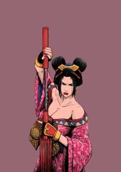 Rule 34 | 1girl, bare shoulders, black hair, breasts, cleavage, collarbone, earrings, highres, japanese clothes, jewelry, large breasts, nail polish, namco, rhoizu, setsuka, soul calibur, soulcalibur, soulcalibur iii