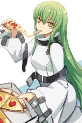 Rule 34 | 1girl, c.c., code geass, eating, food, food in mouth, green hair, long hair, looking at viewer, pizza, prime, sitting, solo, straitjacket, yellow eyes