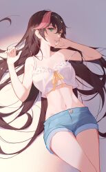 Rule 34 | 1girl, absurdres, bare shoulders, blue shorts, bow, breasts, brown hair, camisole, crazy ones, green eyes, highres, long hair, lying, medium breasts, midriff, navel, official art, shorts, solo, su xiaoye, yellow bow