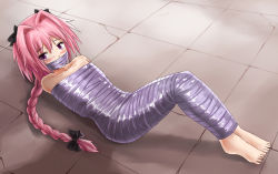 Rule 34 | 1boy, astolfo (fate), bare shoulders, barefoot, bdsm, black bow, blush, bondage, bound, bow, braid, collarbone, commentary, crack, cracked floor, english commentary, fate/grand order, fate (series), from above, full body, gag, gagged, gagged male, hair between eyes, hair bow, hair intakes, improvised gag, jitan777, knees up, long braid, long hair, looking at viewer, lying, male focus, multicolored hair, mummy, on back, pink hair, purple eyes, shadow, single braid, solo, streaked hair, sweat, tape, tape bondage, tape gag, trap, variant set, white hair