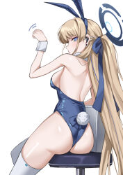 Rule 34 | 1girl, animal ears, blonde hair, blue archive, blue eyes, blue leotard, bow, breasts, detached collar, earpiece, fake animal ears, fake tail, halo, highleg, highleg leotard, highres, kumamiya, leotard, long hair, looking at viewer, medium breasts, official alternate costume, playboy bunny, rabbit ears, rabbit tail, solo, tail, thighhighs, toki (blue archive), toki (bunny) (blue archive), very long hair, white thighhighs, wrist cuffs