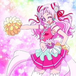 Rule 34 | 1girl, ;d, clover earrings, cone hair bun, cure yell, flower, hair bun, hair flower, hair ornament, hair ribbon, hand on own hip, heart, heart hair ornament, heart pouch, hugtto! precure, long hair, midriff, navel, nono hana, one eye closed, open mouth, pink eyes, pink hair, pink skirt, pom pom (cheerleading), precure, red lips, red ribbon, ribbon, see-through, see-through sleeves, skirt, smile, solo, thick eyelashes, zerolay