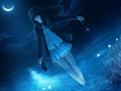Rule 34 | 1girl, barefoot, black hair, blue theme, bow, cloud, crescent moon, flower, game cg, holding, holding shoes, jacket, kara no shoujo, kuchiki touko, loafers, long hair, monochrome, moon, night, open clothes, open jacket, school uniform, shoes, skirt, smile, solo, star (symbol), sugina miki, wading