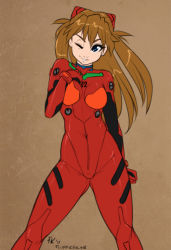 1girl blue_eyes bodysuit breasts curvy fluffkevlar hair_ornament hand_on_own_chest legs_apart long_hair looking_at_viewer mecha_pilot_suit medium_breasts neon_genesis_evangelion one_eye_closed plugsuit shiny_clothes smile solo souryuu_asuka_langley twintails wide_hips wink