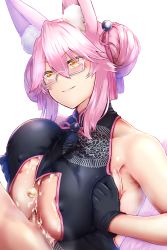 Rule 34 | 1boy, 1girl, animal ear fluff, animal ears, areola slip, bare shoulders, bell, black dress, black gloves, blush, breasts, breasts squeezed together, censored, chinese clothes, covered erect nipples, cum, cum on body, cum on breasts, cum on upper body, double bun, dress, fate/grand order, fate (series), fox ears, fox girl, glasses, gloves, grin, hair between eyes, hair bun, highres, koyanskaya (chinese lostbelt outfit) (fate), koyanskaya (fate), large breasts, looking at another, mosaic censoring, nipple slip, nipples, no bra, paizuri, paizuri under clothes, penis, pink hair, sideboob, sidelocks, simple background, sleeveless, sleeveless dress, smile, solo focus, tamamo (fate), underboob, white background, yellow eyes