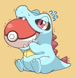 Rule 34 | 2027 (submarine2027), biting, creatures (company), fangs, flying sweatdrops, game freak, gen 2 pokemon, lowres, nintendo, no humans, open mouth, poke ball, pokemon, pokemon (creature), red eyes, simple background, sitting, submarine2027, tail, teeth, totodile