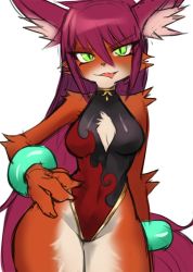 Rule 34 | 1girl, animal ears, cleavage cutout, clothing cutout, fox ears, fox girl, furry, furry female, green eyes, hand on own hip, long hair, looking at viewer, original, red hair, smile, solo, sookmo, tongue, tongue out, wristband