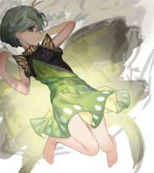 Rule 34 | 1girl, antennae, aqua hair, bare legs, barefoot, brown eyes, butterfly wings, closed mouth, dress, eternity larva, fairy, green dress, hair between eyes, highres, insect wings, leaf, leaf on head, motsuba, multicolored clothes, multicolored dress, short hair, single strap, smile, solo, touhou, unfinished, wings