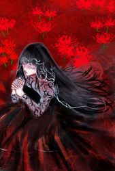 Rule 34 | 1girl, black dress, black hair, closed eyes, dress, flower, highres, interlocked fingers, long hair, long sleeves, open mouth, osaragi (sakamoto days), own hands clasped, own hands together, partially submerged, red background, red flower, sakamoto days, see-through, see-through sleeves, solo, sonono71, veil, water