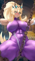 Rule 34 | 1girl, abs, absurdres, bare shoulders, barghest (fate), biceps, blonde hair, blush, bodysuit, breasts, chain, covered navel, fate/grand order, fate (series), green eyes, high ponytail, highres, igawa asagi, large breasts, long hair, looking at viewer, muscular, muscular female, purple bodysuit, raskasar, sidelocks, solo, spread legs, taimanin (series), taimanin suit, thick thighs, thighs