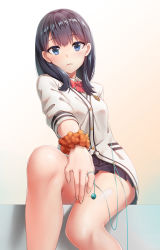 Rule 34 | 10s, 1girl, black hair, blue eyes, blush, bow, bowtie, cardigan, closed mouth, commentary request, gridman universe, highres, legs, looking at viewer, red bow, red bowtie, shirt, shoron, short hair, sitting, solo, ssss.gridman, takarada rikka, thighs, white cardigan, white shirt