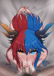 Rule 34 | 1boy, 1girl, :&gt;=, absurdres, ass, bed, bed sheet, blue eyes, blue hair, blue horns, blush, bright pupils, commission, completely nude, dragon girl, dragon horns, drooling, excessive saliva, eyes visible through hair, feet, fellatio, hair between eyes, hair in own mouth, hetero, heterochromia, highres, horns, inferna dragnis (xoldrek), kneeling, lips, long hair, looking at another, looking at viewer, male pubic hair, monster girl, multicolored hair, nose bubble, nude, open mouth, oral, orange eyes, orange horns, original, pale skin, penis, pubic hair, red hair, rikka (artist), saliva, saliva trail, shiny skin, snot, snot trail, soles, split-color hair, steam, steaming body, sweat, symbol-shaped pupils, toes, two-tone hair, uncensored, white pupils