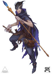 Rule 34 | 1boy, belt, belt pouch, black cloak, black hair, cloak, crazyred, dagger, dual wielding, dungeons &amp; dragons: shadow over mystara, dungeons &amp; dragons, english text, gem, gloves, grey hair, hair slicked back, highres, holding, holding dagger, holding knife, holding staff, holding weapon, key, keyring, knife, making-of available, male focus, multicolored hair, paper, pouch, scabbard, scratches, scroll, sheath, simple background, solo, staff, syous, torn cloak, torn clothes, unsheathed, weapon, white background, white gloves, wizard