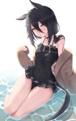 Rule 34 | 1girl, ahoge, animal ears, bikini, black hair, bow, breasts, covered navel, cross-laced bikini, cross-laced clothes, cross-laced one-piece swimsuit, frilled bikini, frilled one-piece swimsuit, frills, hair between eyes, highres, horse ears, horse girl, horse tail, long bangs, long hair, long sleeves, looking at viewer, manhattan cafe (umamusume), one-piece swimsuit, reinama, small breasts, solo, swimsuit, tail, thighs, umamusume, water, white background, white hair, yellow eyes