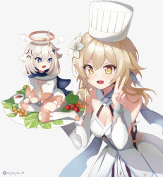 Rule 34 | 2girls, anger vein, ayaya (ayaya ri), bare shoulders, blonde hair, blue eyes, breasts, cape, carrot, cleavage, detached sleeves, dress, fang, flower, frown, furrowed brow, genshin impact, hair between eyes, hair flower, hair ornament, halo, hat, highres, holding, holding plate, lettuce, looking at viewer, lumine (genshin impact), medium breasts, multiple girls, open mouth, paimon (genshin impact), plate, salute, sauce, scarf, short hair, tomato, two-finger salute, white dress, white hair, yellow eyes