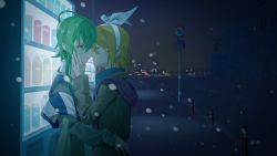 Rule 34 | 2girls, against object, ahoge, blonde hair, bollard, bow, brown jacket, cityscape, commentary, closed eyes, green eyes, green hair, gumi, hair bow, hand on another&#039;s cheek, hand on another&#039;s face, highres, imminent kiss, jacket, kagamine rin, multiple girls, night, open mouth, outdoors, road sign, scarf, short hair, short hair with long locks, sidelocks, sign, snowing, standing, upper body, vending machine, vocaloid, white bow, winter, wounds404, yuri