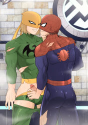 Rule 34 | 2boys, 4mi t, blood, blush, brown hair, censored, cuts, injury, iron fist (marvel), male focus, marvel, mask, multiple boys, muscular, pectorals, penis, short hair, shower, spider-man, spider-man (series), testicles, torn clothes, ultimate spider-man, water, yaoi