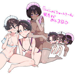 3girls barefoot bikini black_hair blue_eyes blush breasts chibi commentary_request cupless_bikini dark-skinned_female dark_skin highres kneeling looking_at_viewer maid maid_bikini maid_headdress multiple_girls nikubou_maranoshin nipples original pearl_thong purple_eyes sitting small_breasts smile swimsuit thighhighs translation_request unconventional_maid