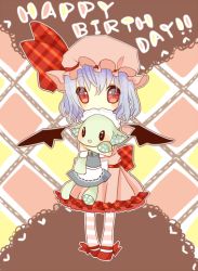 Rule 34 | 1girl, bad id, bad pixiv id, blue hair, female focus, happy birthday, hat, heart, hugging doll, hugging object, mogu (lollysweet), pantyhose, red eyes, remilia scarlet, solo, standing, striped clothes, striped pantyhose, stuffed toy, touhou