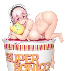 Rule 34 | 1girl, ass, bikini, blush, brand name imitation, breasts, cleavage, crossed bangs, cup, headphones, highleg, highleg bikini, huge ass, large breasts, long hair, looking at viewer, nissin cup noodle, nitroplus, pink eyes, pink hair, side-tie bikini bottom, simple background, skindentation, smile, solo, stuffed toy, super sonico, swimsuit, thong, thong bikini, tsuji santa, white background, white bikini