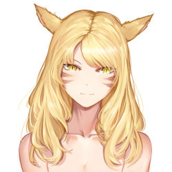 Rule 34 | 1girl, absurdres, animal ears, blonde hair, breasts, cleavage, collarbone, facial mark, final fantasy, final fantasy xiv, highres, huijin zhi ling, long hair, looking at viewer, portrait, simple background, slit pupils, small breasts, smile, solo, white background, yellow eyes