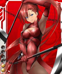 Rule 34 | 00s, 1girl, arm up, armpits, blue eyes, blush, bodysuit, breasts, card (medium), card (r), card (red-r), chain, checkered background, cleavage, cleavage cutout, clothing cutout, cowboy shot, dual wielding, elbow gloves, fishnets, gara ayuri, gloves, groin, holding, holding weapon, kusarigama, lilith-soft, long hair, looking at viewer, ninja, official art, red background, red hair, ribbon, scythe, shiny clothes, shishide ryuuko, sickle, side ponytail, smile, solo, standing, taimanin (series), taimanin asagi, taimanin asagi battle arena all card gallery, taimanin asagi kessen arena, thighs, turtleneck, very long hair, weapon