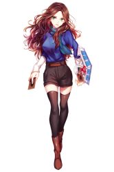 Rule 34 | 1girl, belt, black thighhighs, blue scarf, blue shirt, boots, breasts, brown footwear, brown hair, card, duel disk, full body, green eyes, large breasts, long hair, long sleeves, looking at viewer, original, parted bangs, parted lips, scarf, shirt, shorts, smile, solo, thighhighs, yu-gi-oh!, yuli (yulipo), zettai ryouiki