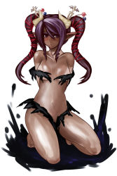 Rule 34 | 1girl, bandai, bare legs, bare shoulders, barefoot, breasts, dark-skinned female, dark skin, darkness, demon, demon girl, digimon, digimon xros wars, female focus, fusion, highres, horns, large breasts, legs, lilithmon, possessed, possession, seven great demon lords, shademon, shadow, solo, twintails