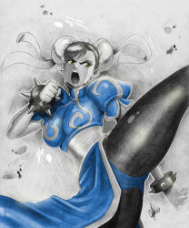Rule 34 | 1girl, capcom, chun-li, crotch, earrings, female focus, jewelry, kicking, open mouth, puffy short sleeves, puffy sleeves, short sleeves, signature, solo, spread legs, street fighter, thick thighs, thighs