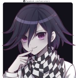 Rule 34 | 1boy, black background, checkered clothes, checkered scarf, closed mouth, commentary request, danganronpa (series), danganronpa v3: killing harmony, facebook username, finger to mouth, hair between eyes, highres, kaoruru (sakuno2911), long sleeves, looking at viewer, male focus, oma kokichi, purple eyes, purple hair, ringed eyes, scarf, shirt, simple background, smile, solo, watermark, web address, white shirt