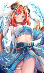 Rule 34 | 1girl, absurdres, aqua eyes, blue bow, blush, bow, breasts, brooch, cowboy shot, crop top, frown, genshin impact, gold trim, harem outfit, highres, holding, horns, jewelry, long hair, long sleeves, looking at viewer, medium breasts, mihasu, navel, neck ring, nilou (genshin impact), parted bangs, puffy long sleeves, puffy sleeves, red hair, sidelocks, simple background, solo, stomach, thighlet, thighs, twintails, veil, vision (genshin impact), water, wet, white background