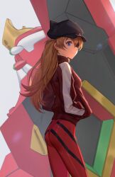 Rule 34 | 1girl, absurdres, artist request, ass, black hat, bodysuit, brown hair, eva 02, evangelion: 3.0 you can (not) redo, eyepatch, floating hair, hair between eyes, hands in pockets, hat, highres, jacket, looking to the side, mecha, neon genesis evangelion, pilot suit, plugsuit, rebuild of evangelion, red jacket, robot, shiny clothes, simple background, smile, solo, souryuu asuka langley, standing, track jacket, wide hips