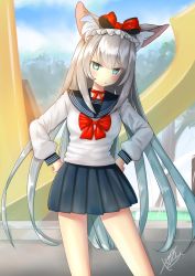 Rule 34 | 1girl, :t, alternate costume, animal ear fluff, animal ears, azur lane, blue sailor collar, blue skirt, blue sky, blush, bow, breasts, cat ears, choker, closed mouth, cloud, cloudy sky, commentary request, day, green eyes, hair bow, hammann (azur lane), hands on own hips, leaning to the side, long hair, long sleeves, outdoors, pleated skirt, pout, puffy long sleeves, puffy sleeves, red bow, red choker, ribbon choker, sailor collar, sakurai kouji, school uniform, serafuku, sidelocks, signature, silver hair, skirt, sky, small breasts, solo, standing, v-shaped eyebrows, very long hair
