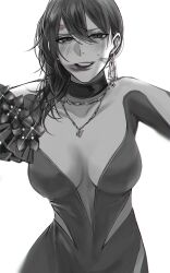 Rule 34 | 1652379k, 1girl, bare shoulders, blush, breasts, chain, chain necklace, character request, check character, choker, daelim (path to nowhere), dress, earrings, eyeshadow, glint, grin, hair behind ear, hair over shoulder, heart, heart necklace, highres, jewelry, large breasts, lipstick, lipstick mark, long hair, long sleeves, looking at viewer, makeup, necklace, outstretched arms, path to nowhere, plunging neckline, simple background, skin tight, smeared lipstick, smile, solo, strapless, strapless dress, sweat, tight clothes, tight dress, upper body