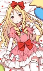 Rule 34 | 10s, 1girl, bad id, bad twitter id, blonde hair, blush, bow, brown eyes, eromanga sensei, hair bow, heart, heart-shaped pillow, highres, izumo neru, looking at viewer, lying, on back, pillow, red bow, sketch, solo, star-shaped pillow, thighhighs, white bow, white thighhighs, yamada elf